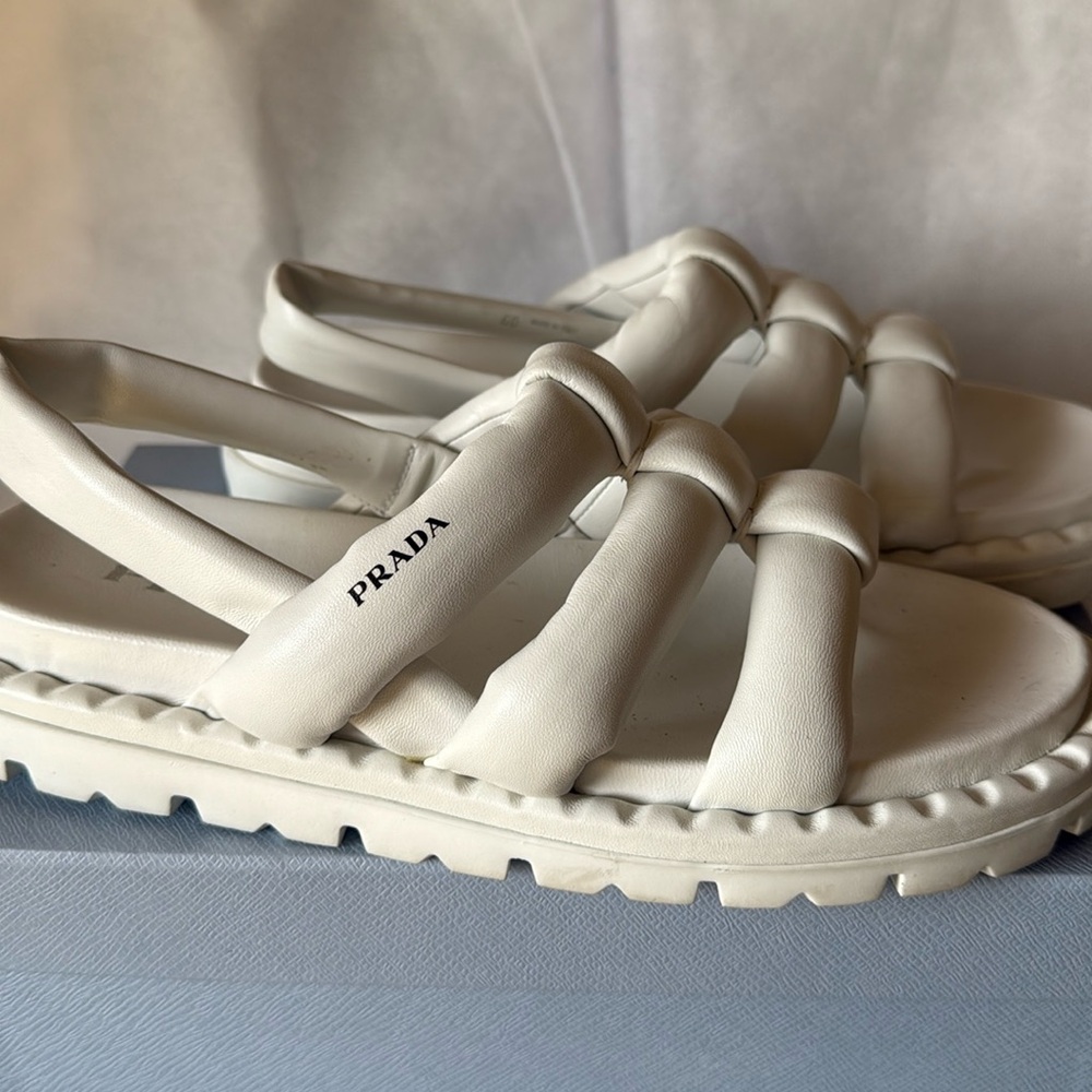 Prada Blow White Padded Leather Logo Strappy Slingback Sport Sandal Flat 40